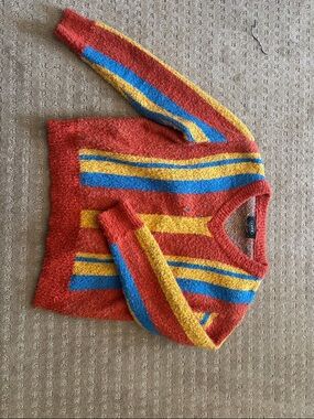 Cider Red V-Neck Sweater with Blue & Yellow Stripes